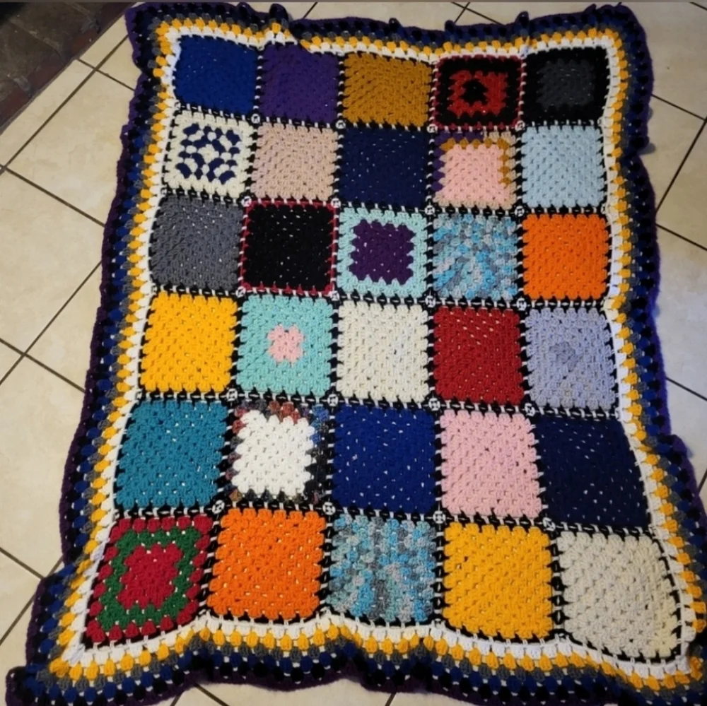 Vintage Handmade Crochet  Afghan Throw Blanket Multicolor Granny Square Roseanne